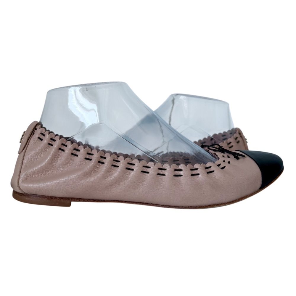 TORY BURCH | Pink & Black Leather Cap-Toe Ballet Flats Sz 7.5M - Picture 2 of 4